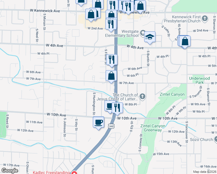 map of restaurants, bars, coffee shops, grocery stores, and more near 2915 West 7th Avenue in Kennewick