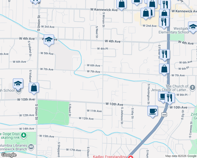 map of restaurants, bars, coffee shops, grocery stores, and more near 816 South Neel Court in Kennewick