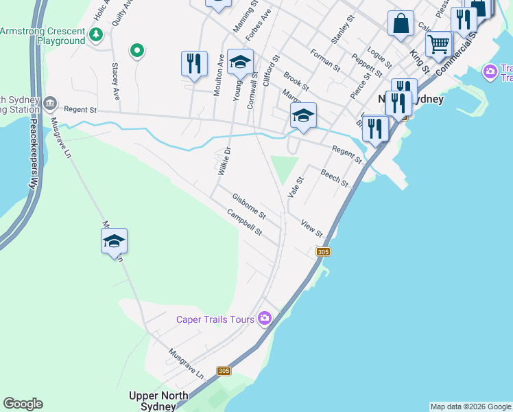 map of restaurants, bars, coffee shops, grocery stores, and more near 13 Gisborne Street in North Sydney