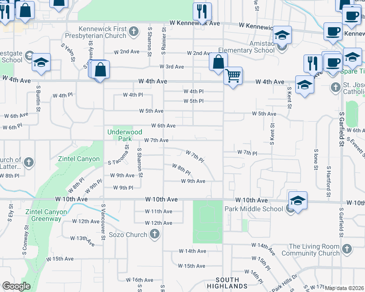 map of restaurants, bars, coffee shops, grocery stores, and more near 1711 West 7th Place in Kennewick