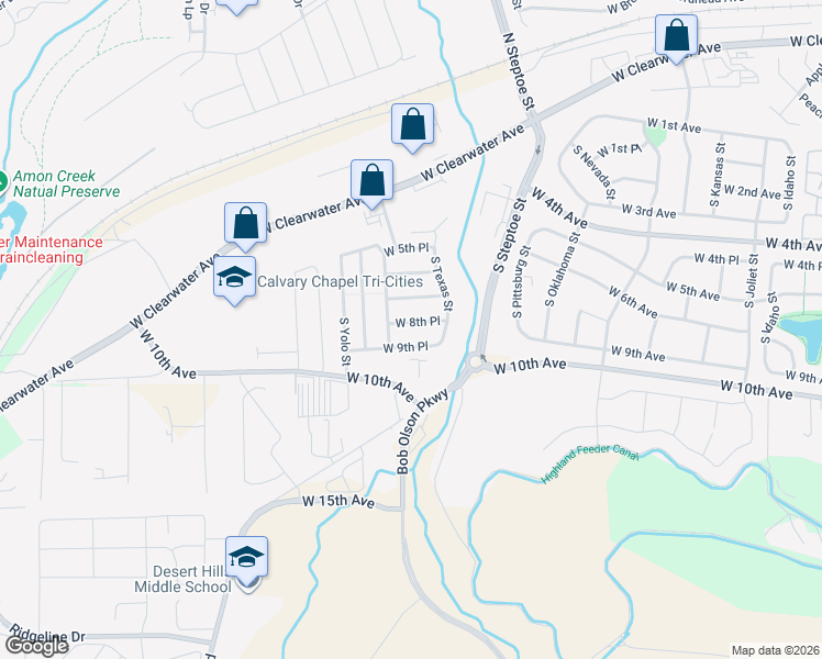 map of restaurants, bars, coffee shops, grocery stores, and more near 9412 West 9th Place in Kennewick