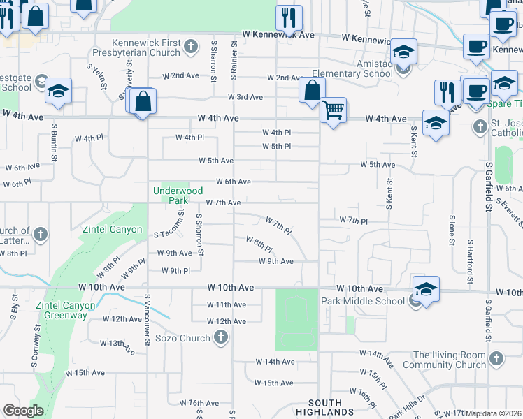 map of restaurants, bars, coffee shops, grocery stores, and more near 1711 West 7th Place in Kennewick