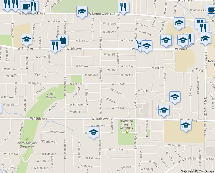 map of restaurants, bars, coffee shops, grocery stores, and more near 1711 West 7th Place in Kennewick