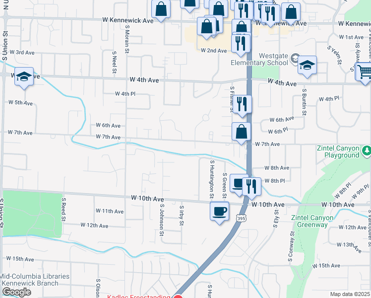 map of restaurants, bars, coffee shops, grocery stores, and more near 3119 West 7th Avenue in Kennewick