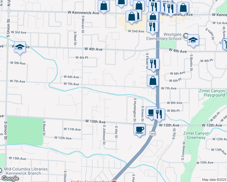 map of restaurants, bars, coffee shops, grocery stores, and more near 3119 West 7th Avenue in Kennewick