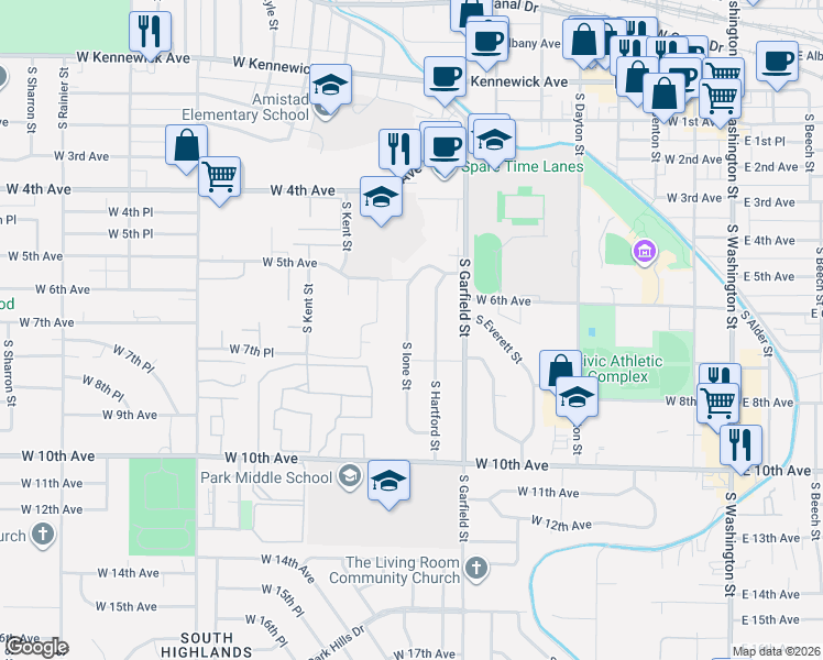 map of restaurants, bars, coffee shops, grocery stores, and more near 718 South Ione Street in Kennewick