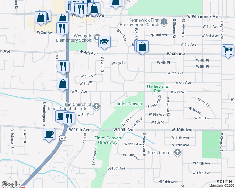 map of restaurants, bars, coffee shops, grocery stores, and more near 728 South Yelm Place in Kennewick