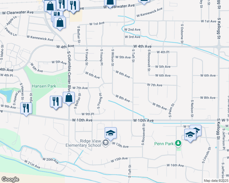 map of restaurants, bars, coffee shops, grocery stores, and more near 711 South Wilson Street in Kennewick