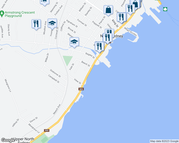 map of restaurants, bars, coffee shops, grocery stores, and more near Queen Street in North Sydney