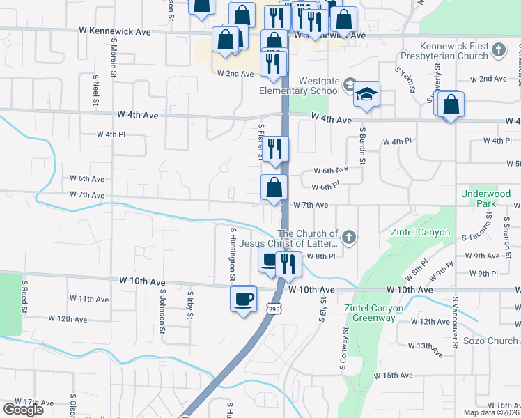 map of restaurants, bars, coffee shops, grocery stores, and more near 2915 West 7th Avenue in Kennewick
