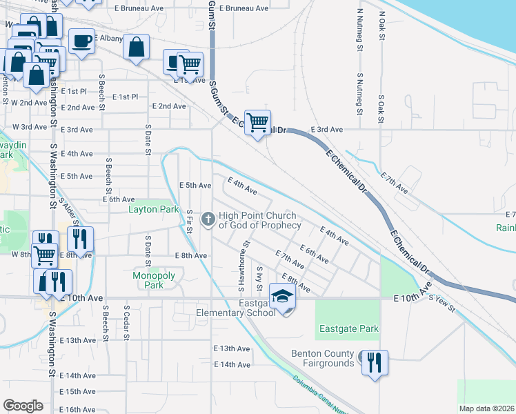 map of restaurants, bars, coffee shops, grocery stores, and more near 738 East 6th Avenue in Kennewick