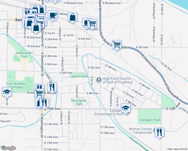 map of restaurants, bars, coffee shops, grocery stores, and more near 700 South Gum Street in Kennewick