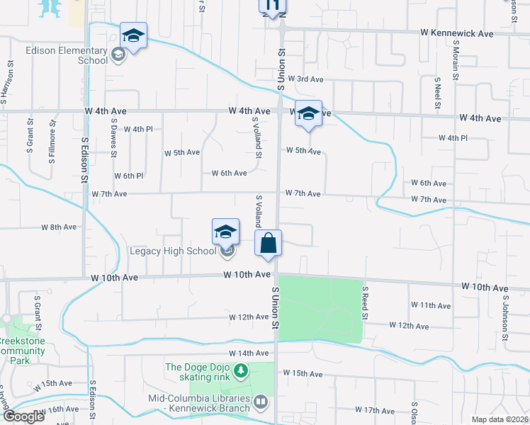 map of restaurants, bars, coffee shops, grocery stores, and more near 803 South Volland Street in Kennewick