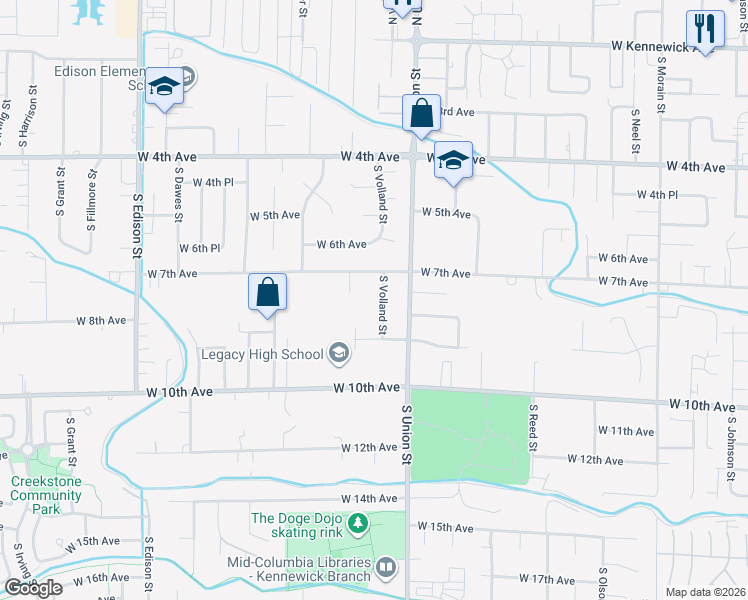 map of restaurants, bars, coffee shops, grocery stores, and more near 4510 West 9th Avenue in Kennewick