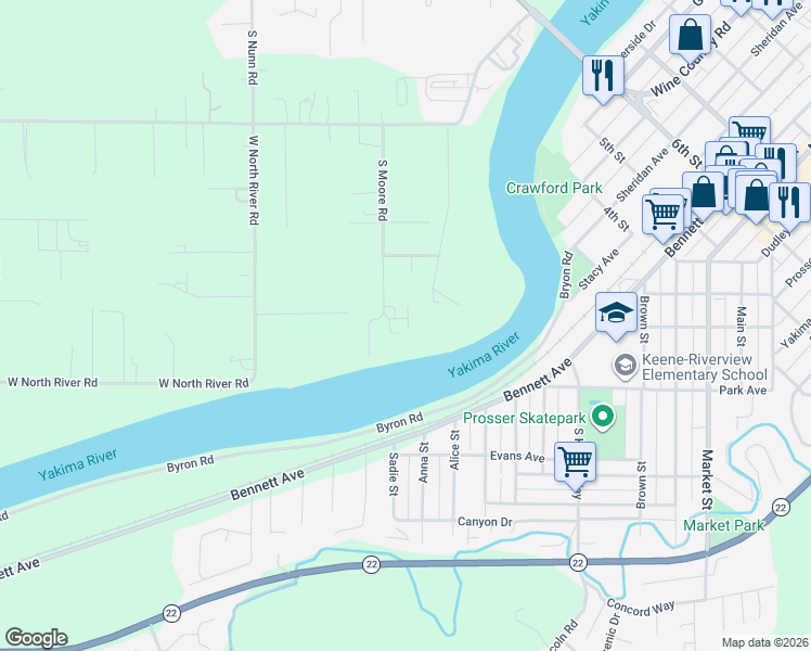 map of restaurants, bars, coffee shops, grocery stores, and more near 9103 South Moore Road in Prosser