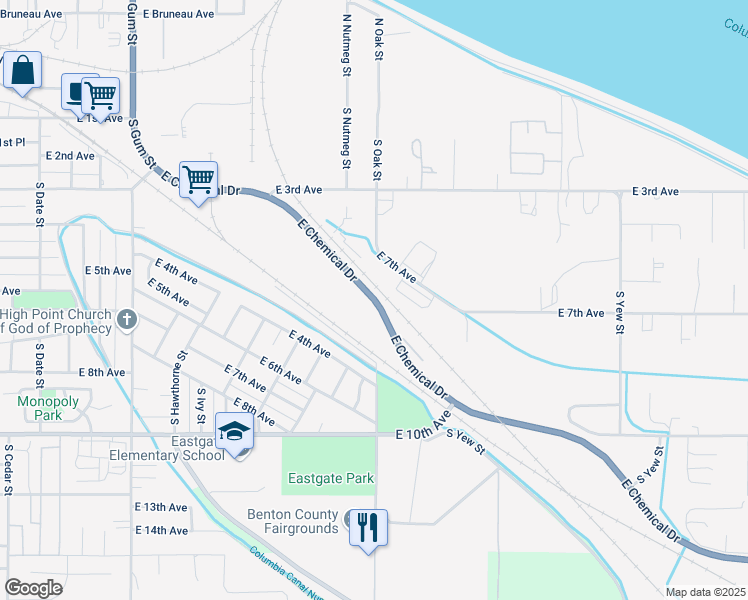map of restaurants, bars, coffee shops, grocery stores, and more near East Chemical Drive in Kennewick