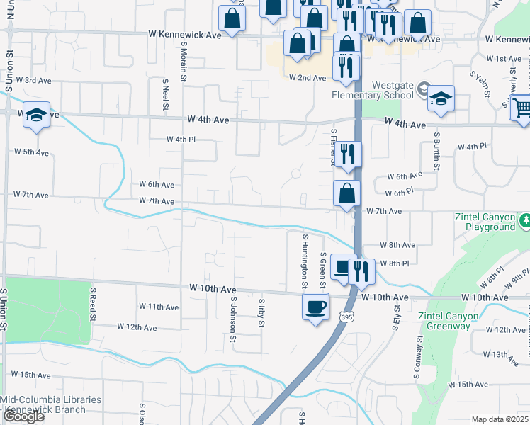 map of restaurants, bars, coffee shops, grocery stores, and more near 3119 West 7th Avenue in Kennewick