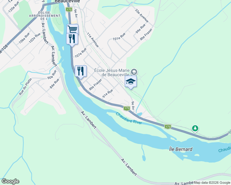 map of restaurants, bars, coffee shops, grocery stores, and more near 673 7e Avenue in Beauceville