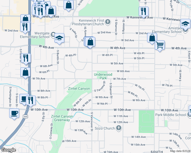 map of restaurants, bars, coffee shops, grocery stores, and more near 603 South Vancouver Street in Kennewick