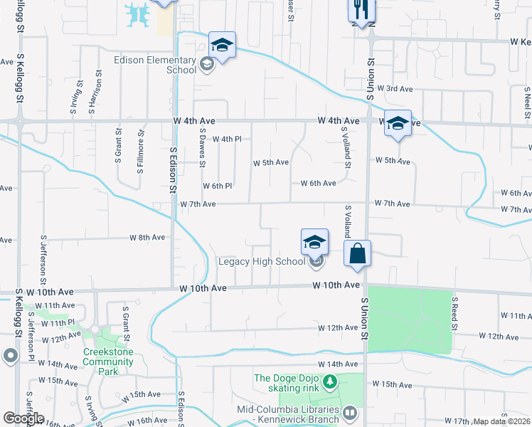 map of restaurants, bars, coffee shops, grocery stores, and more near 4834 West 7th Avenue in Kennewick