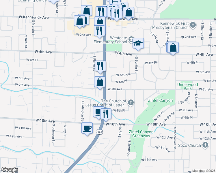 map of restaurants, bars, coffee shops, grocery stores, and more near 2718 West 7th Avenue in Kennewick