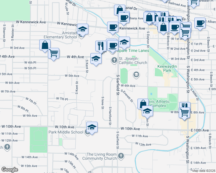 map of restaurants, bars, coffee shops, grocery stores, and more near 611 South Hartford Street in Kennewick