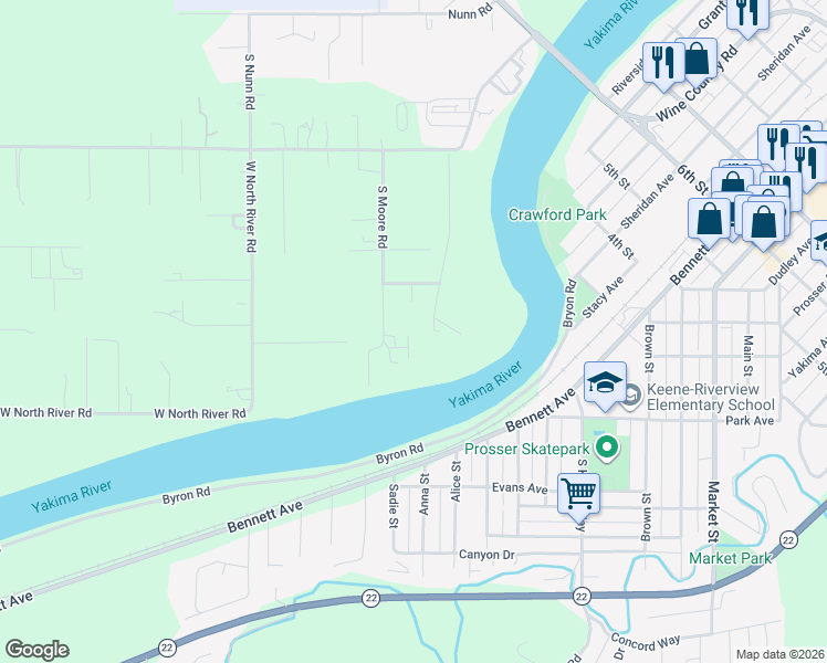 map of restaurants, bars, coffee shops, grocery stores, and more near 9103 S Moore Rd in Prosser