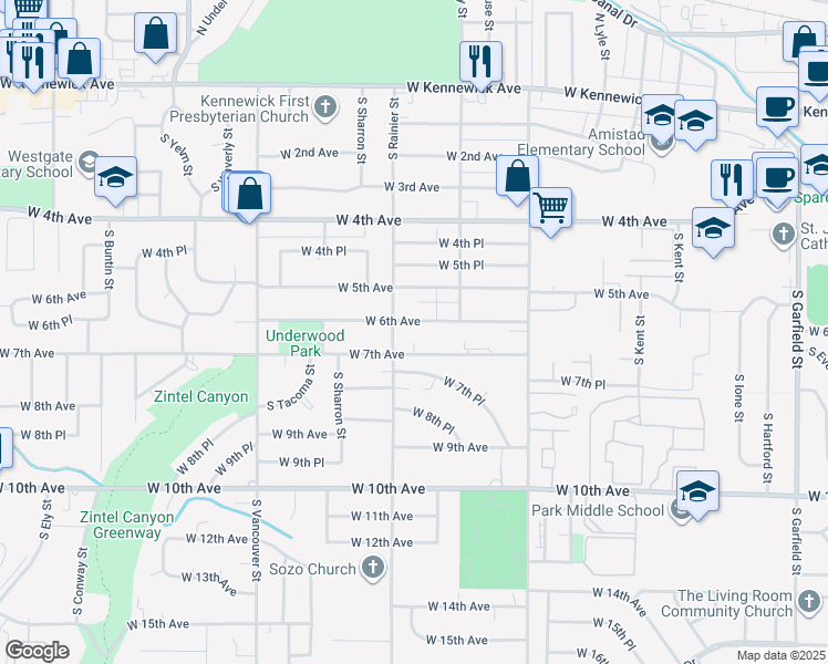 map of restaurants, bars, coffee shops, grocery stores, and more near 1707B West 6th Avenue in Kennewick