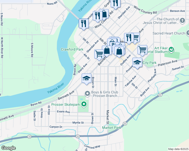 map of restaurants, bars, coffee shops, grocery stores, and more near 902 Prosser Avenue in Prosser