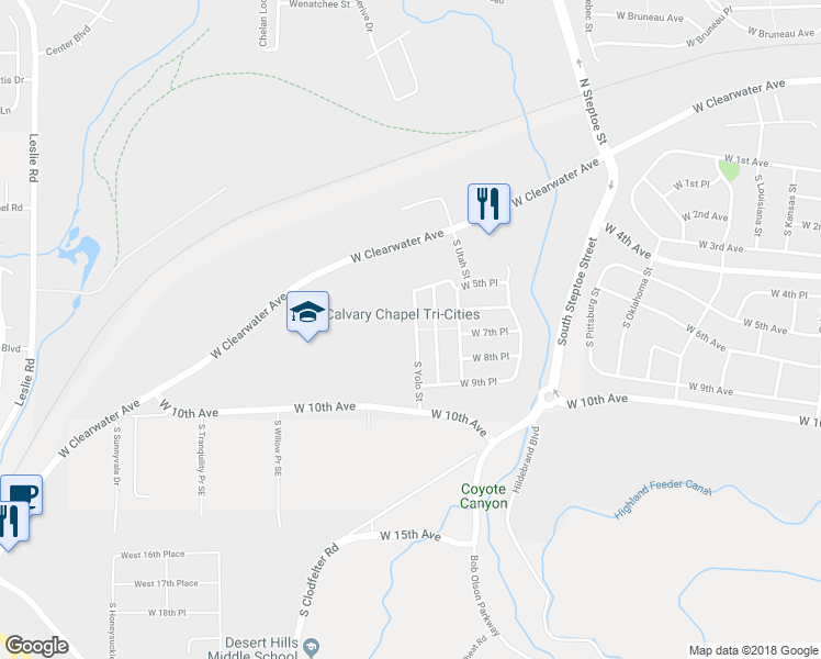 map of restaurants, bars, coffee shops, grocery stores, and more near 614 South Yolo Street in Kennewick