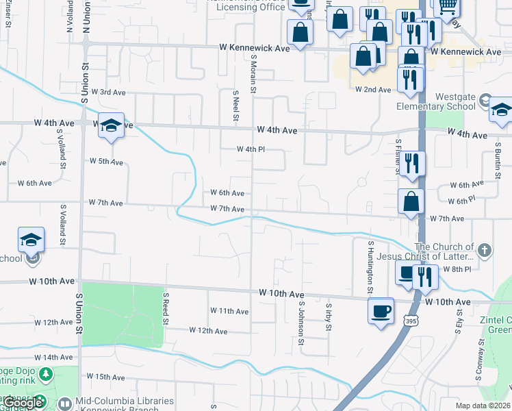map of restaurants, bars, coffee shops, grocery stores, and more near 623 South Morain Street in Kennewick