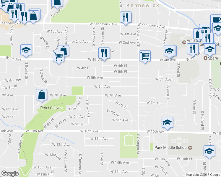 map of restaurants, bars, coffee shops, grocery stores, and more near 1707B West 6th Avenue in Kennewick