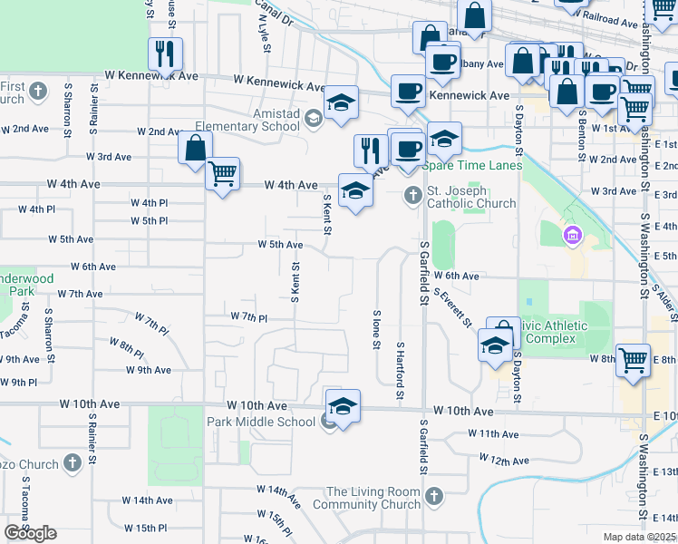map of restaurants, bars, coffee shops, grocery stores, and more near 955 West 5th Avenue in Kennewick