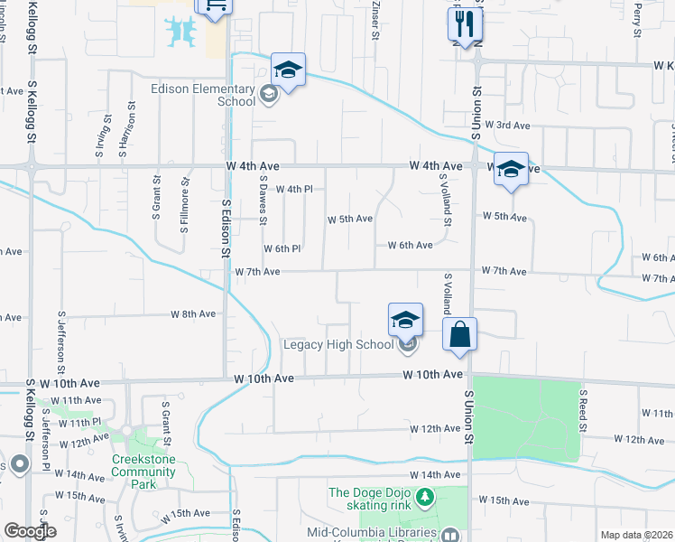 map of restaurants, bars, coffee shops, grocery stores, and more near 4834 West 7th Avenue in Kennewick