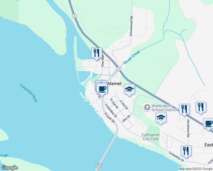 map of restaurants, bars, coffee shops, grocery stores, and more near 61 Main Street in Cathlamet