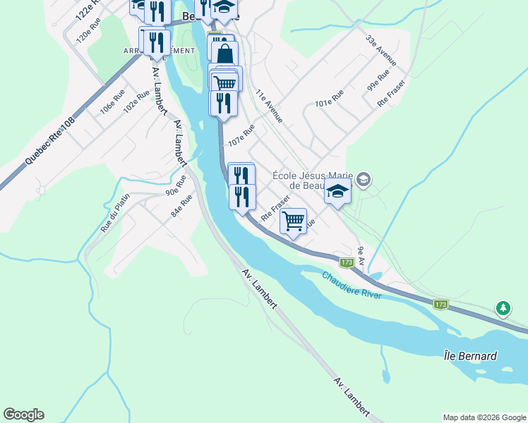 map of restaurants, bars, coffee shops, grocery stores, and more near 102 Route Fraser in Beauceville