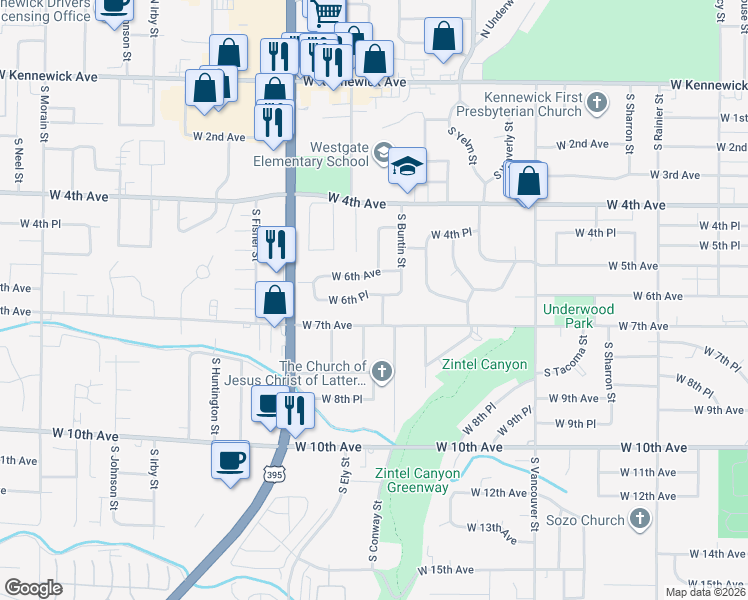 map of restaurants, bars, coffee shops, grocery stores, and more near 612 South Conway Street in Kennewick