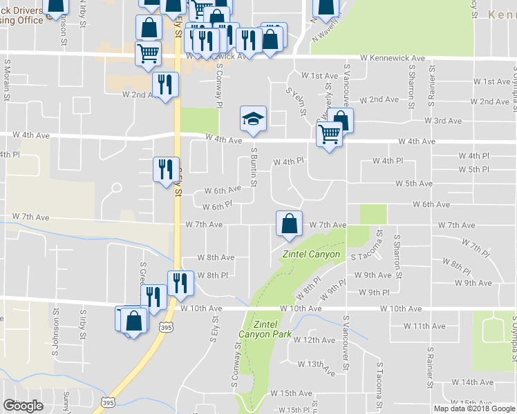 map of restaurants, bars, coffee shops, grocery stores, and more near 613 South Buntin Street in Kennewick