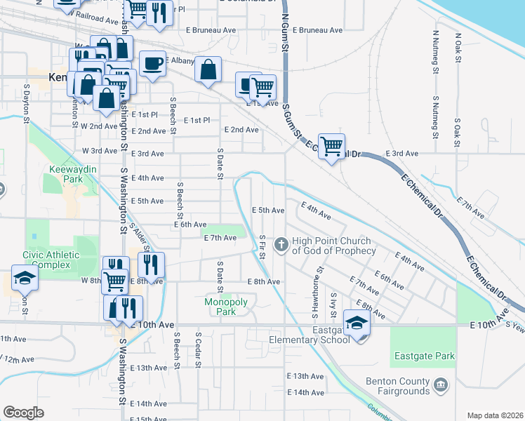 map of restaurants, bars, coffee shops, grocery stores, and more near 626 East 5th Avenue in Kennewick