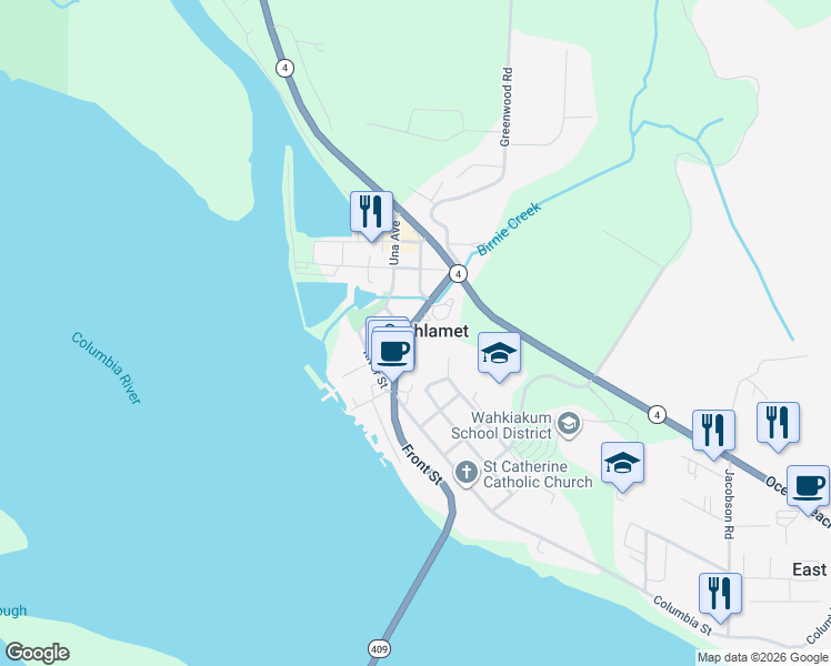 map of restaurants, bars, coffee shops, grocery stores, and more near 61 Main Street in Cathlamet