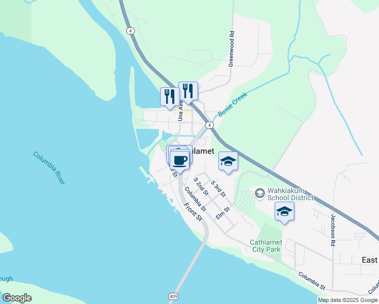 map of restaurants, bars, coffee shops, grocery stores, and more near 61 Main Street in Cathlamet