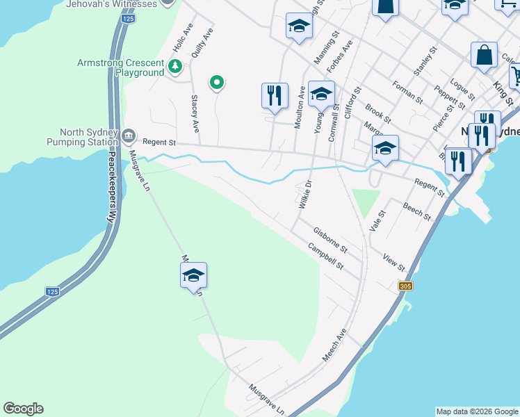 map of restaurants, bars, coffee shops, grocery stores, and more near 58 Campbell Street in North Sydney