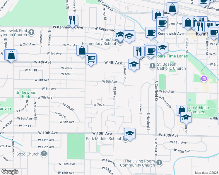 map of restaurants, bars, coffee shops, grocery stores, and more near 1107 West 5th Avenue in Kennewick