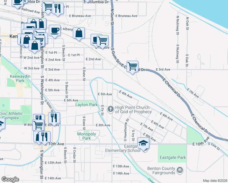 map of restaurants, bars, coffee shops, grocery stores, and more near 626-698 East 5th Avenue in Kennewick