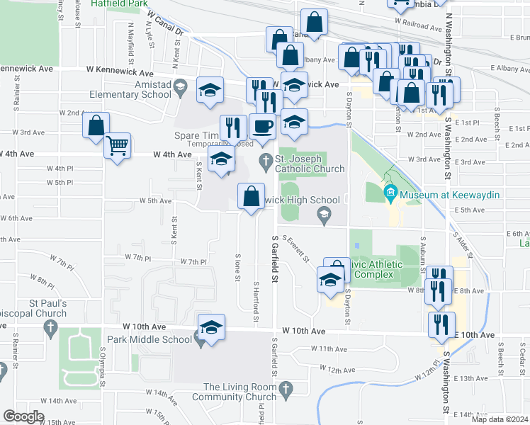 map of restaurants, bars, coffee shops, grocery stores, and more near 731 West 5th Avenue in Kennewick