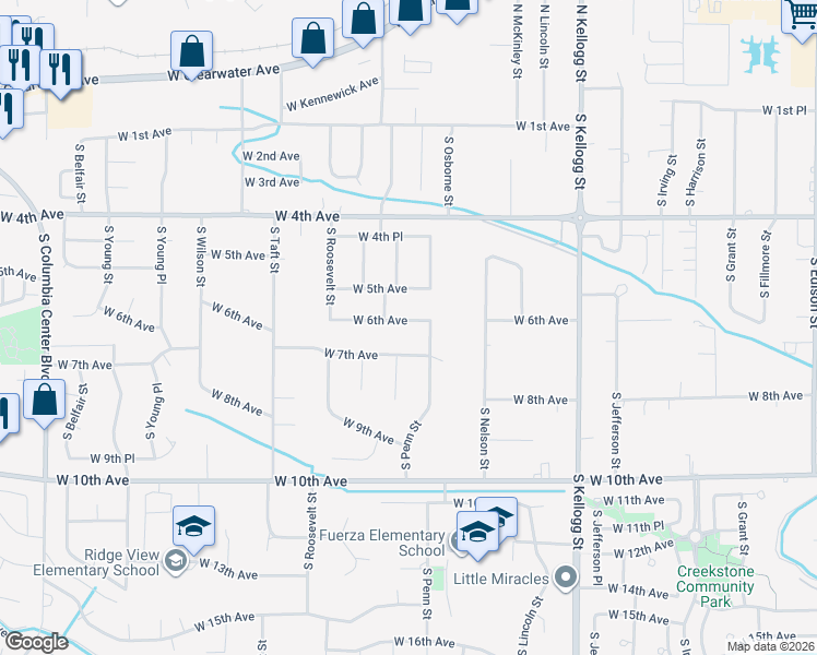 map of restaurants, bars, coffee shops, grocery stores, and more near 6409 West 6th Avenue in Kennewick