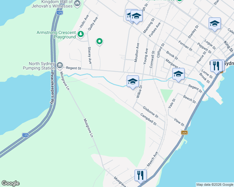 map of restaurants, bars, coffee shops, grocery stores, and more near 58 Campbell Street in North Sydney