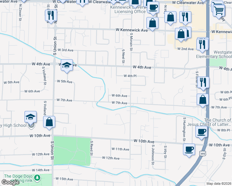 map of restaurants, bars, coffee shops, grocery stores, and more near 3708 West 6th Avenue in Kennewick