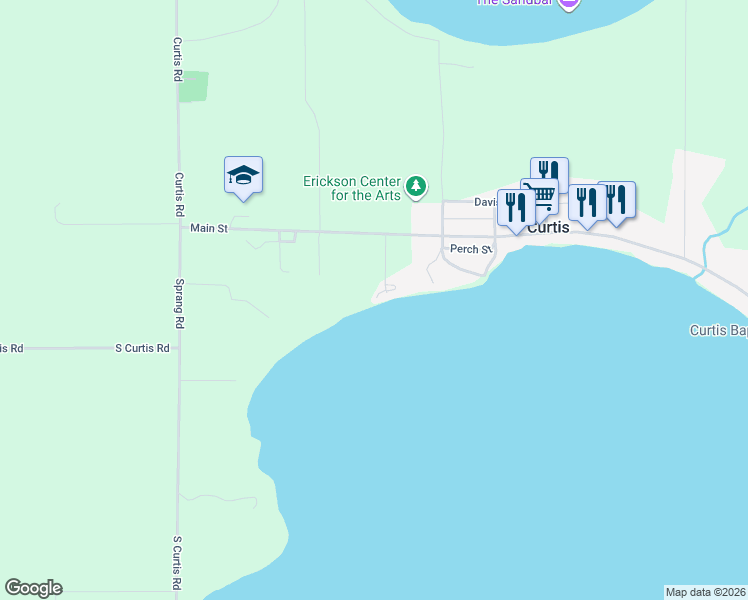 map of restaurants, bars, coffee shops, grocery stores, and more near W17421 Main Street in Curtis