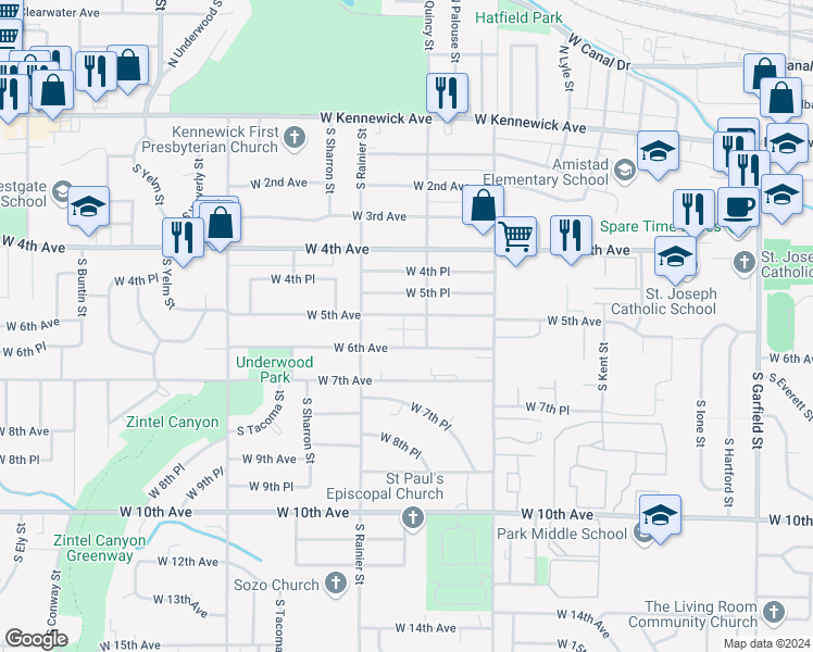 map of restaurants, bars, coffee shops, grocery stores, and more near 1707B West 6th Avenue in Kennewick